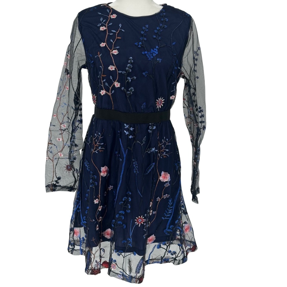 Navy Blue Sheer Embroidered Floral Long Sleeve Midi Dress‎ Size L Fairy Whismy